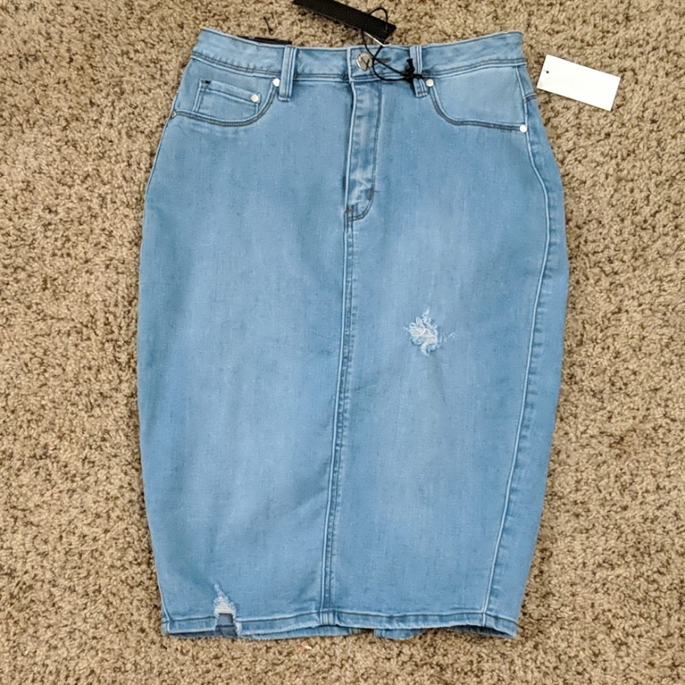 Distressed High-Waist Denim Pencil Skirt